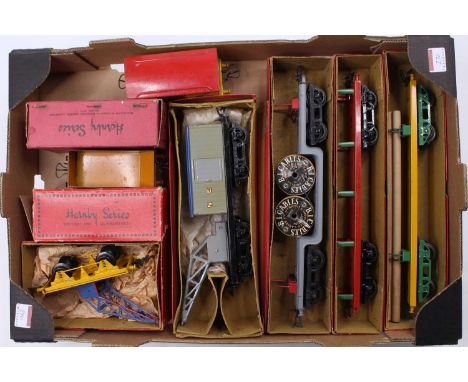 Tray containing seven pre-war Hornby 0-gauge wagons, all boxed: 1933-5 No.2 Lumber wagon, yellow base, green bogies &amp; bol