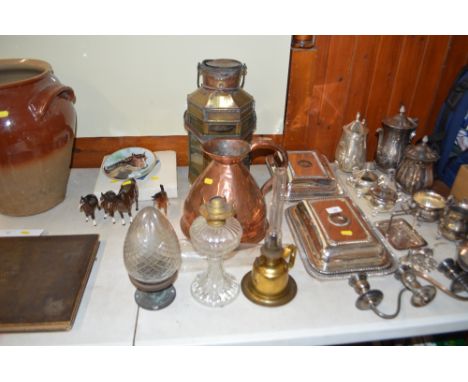 A WW1 period brass ships lantern dated 1915; together with a Victorian copper jug; a cut glass light shade and two oil lamps 