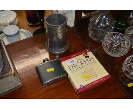 A sporting related pewter tankard; a hip flask; and a set of CD's 'The Dickens Collection'