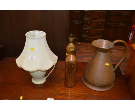 A Denby floral decorated table lamp and shade; together with a copper gallon jug; and two copper flasks 