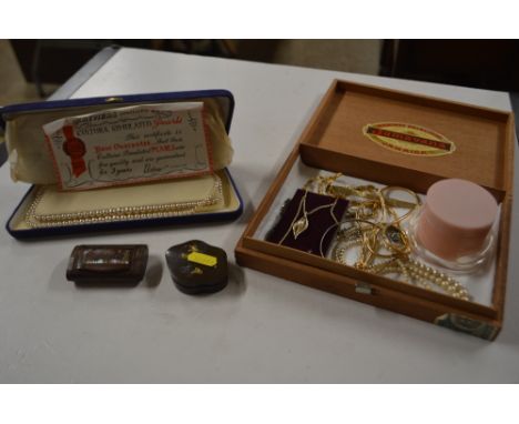 A small Japanese metal shaped boxed and cover; together with a snuff box; a simulated pearl necklace and a cigar box of jewel