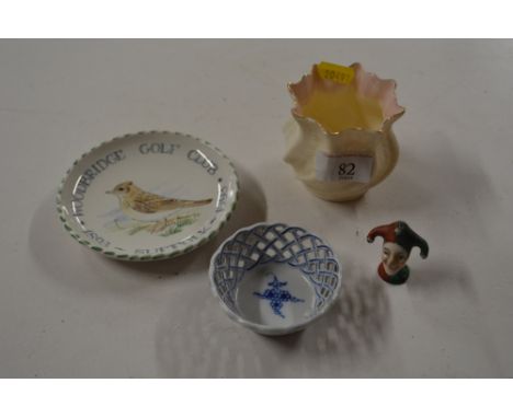 A small Belleek vase; a Rye pottery dish; a small Meissen bowl etc. 