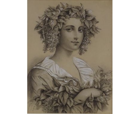 A 19th century charcoal heightened with white, portrait of a girl wearing a floral head dress, unsigned, 21" x 16", framed