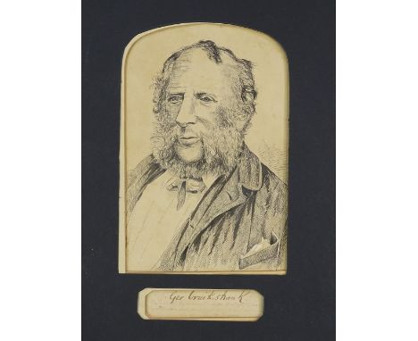 George Cruikshank, pen and ink self portrait, 7.5" x 5", mounted