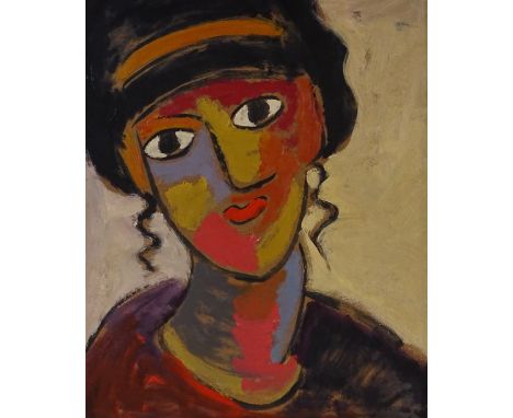 An oil on board, Modernist portrait, unsigned, 12" x 9.5", framed