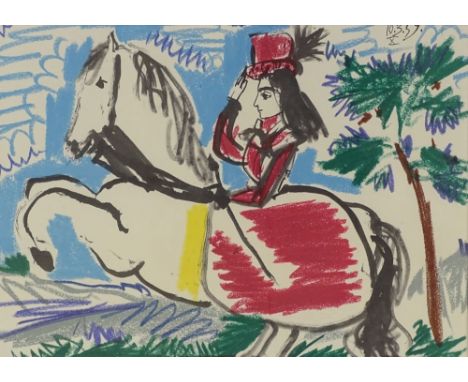 Pablo Picasso, colour lithograph, woman on horseback, image size 14" x 10", framed 