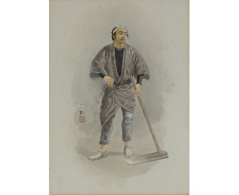 Chinese School, watercolour on paper, man holding an adze, signed with a seal, 10" x 7.5", and watercolour on rice paper, int