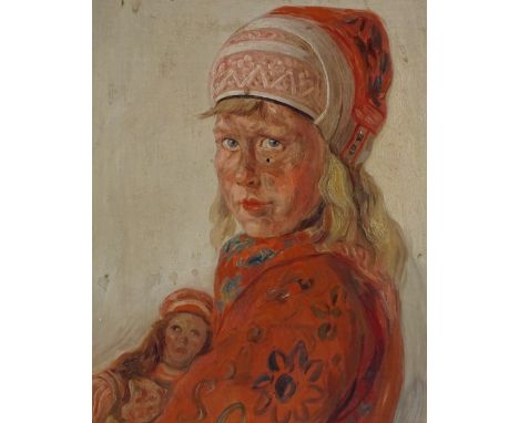 Reinier Pynenburg (1884-1968), an oil on canvas, portrait of a girl with a doll, signed and dated 1926, inscribed verso, 18" 