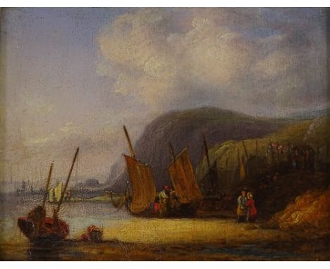 R Thomas, a 19th century oil on wood panel, fishing beach scene, signed, 4.5" x 5.5", framed