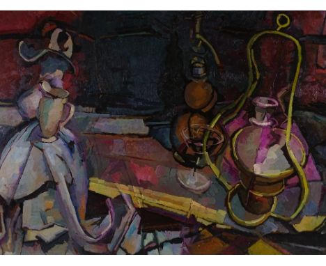 Alexander Hodgkinson ROI (1912 - 1984), oil on board, still life with lamp no.1, artist's handwritten label verso, circa 1961