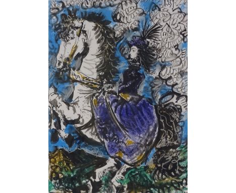 Pablo Picasso, colour lithograph, woman on horseback, image size 14" x 10", framed 