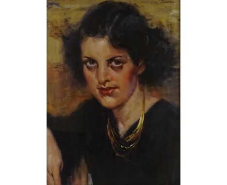 Oil on canvas board, portrait of a woman in black, after Anders Zorn, 20" x 15", framed 