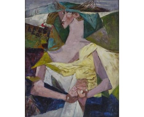 Oil on canvas laid on board, Cubist style portrait, unsigned, 20" x 16", framed