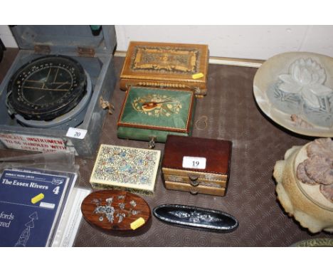 A Victorian Papier-mâché and mother of pearl inlaid spectacles case and five various inlaid trinket boxes to include two Sorr