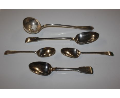 A white metal; ladle, marks indistinct approx.6oz; a silver basting spoon, approx. 4oz; and three silver spoons, approx. 6oz 