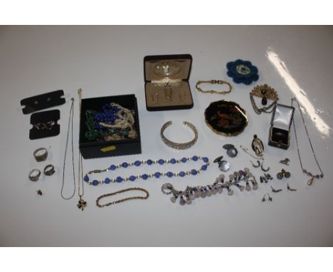 Two boxes of jewellery including micro mosaic ear-rings, silver and other rings, compact, brooches, necklaces etc.