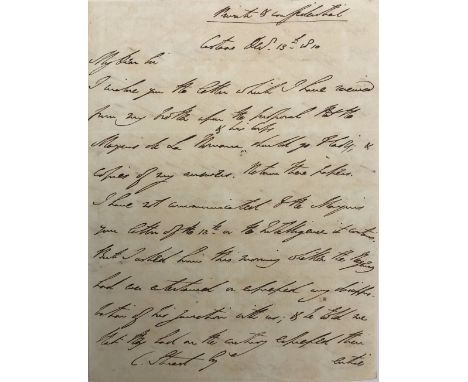 Wellington (Arthur Wellesley, 1st Duke, 1769-1852). Autograph letter signed, ‘Wellington’, Cartaxo, 13 December 1810, in brow
