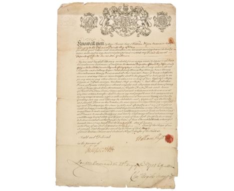 Privateer Letter of Attorney. A pre-printed Admiralty document with manuscript insertions, 28 January 1758, that 'William Hig