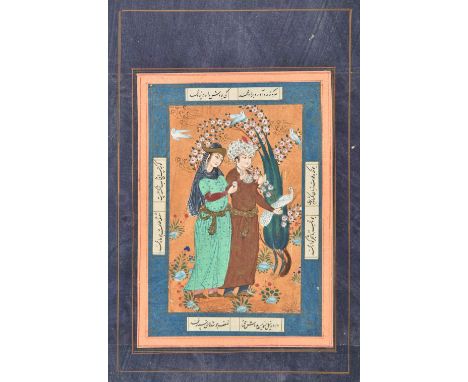 Persian miniature. Two figures surrounded by birds, 20th century, opaque watercolour with pen and ink on paper, laid on blue 