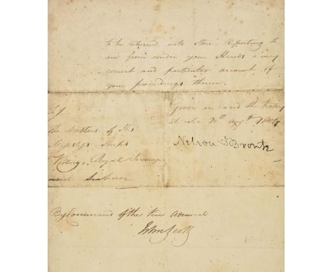 Nelson (Horatio, 1758-1805, Viscount). A signed memorandum to the Masters of the Victory, Royal Sovereign and Seahorse, from 