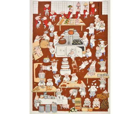 Hadley (Julia). The Kitchen and the Restaurant, circa 1980, two humorous paintings of a commercial kitchen staffed entirely b