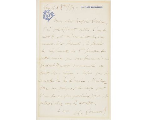Gounod (Charles, 1818-1893). Two autograph letters signed, Ch. Gounod', London, 8 October 1879 and no place, 16 May 1882, bot