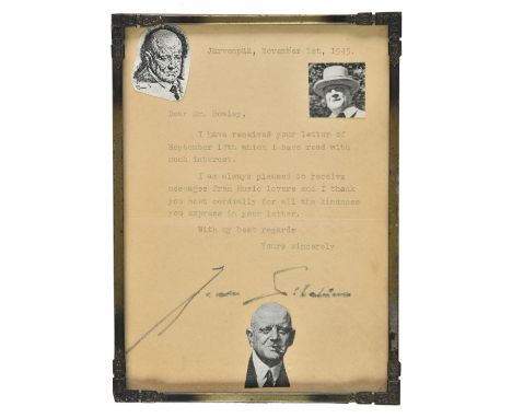 Sibelius ( Jean,1865-1957 ). Typed letter signed, 'Jean Sibelius', Järvenpää, 1 November 1945, to Mr Rowley, thanking him for