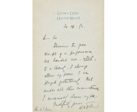Sullivan (Arthur, 1842-1900). Autograph letter signed, 'Arthur S. Sullivan', 8 Talbot Mansions, London, Saturday night, circa