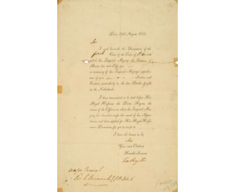 Wellington (Arthur Wellesley, 1st Duke, 1769-1852). Printed presentation document signed, ‘Wellington’, [printed date:] Paris