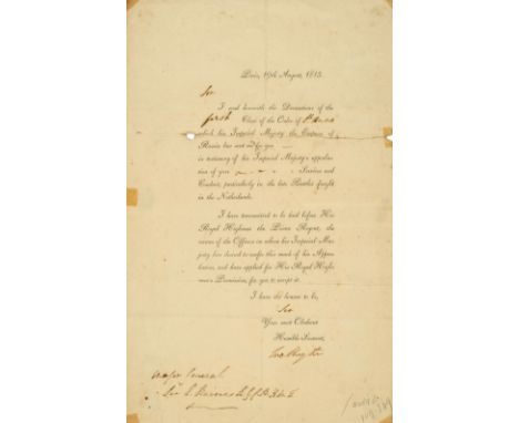 Wellington (Arthur Wellesley, 1st Duke, 1769-1852). Printed presentation document signed, ‘Wellington’, [printed date:] Paris