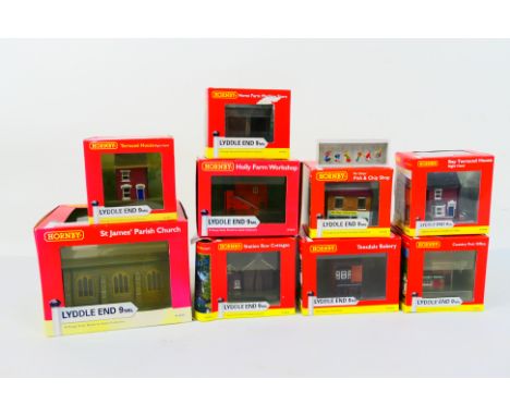 Hornby Lyddle End - Preiser - A group of nine boxed Hornby 'Lyddle End' N gauge scenic buildings with a box of Preiser 79017 