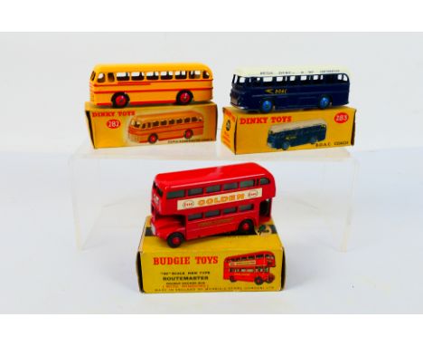 Dinky Toys - Budgie Toys - Three boxed diecast model buses. Lot consists of Dinky Toys #282 Duple Routemaster Coach; Dinky To