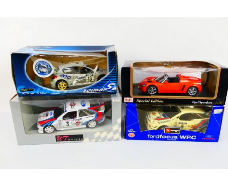 Solido, UT, Burago, Maisto - four 1:18 scale model rally / sports cars comprising (in order) Peugot 206 WRC, Ford Escort Mart