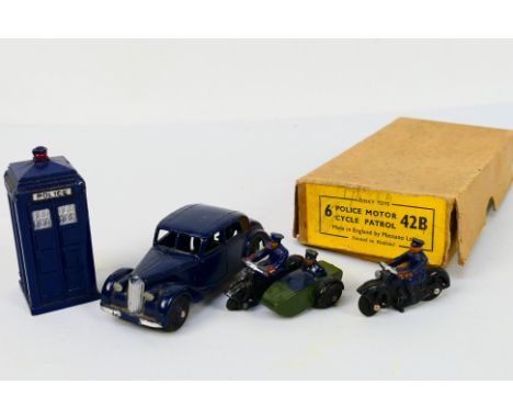 Dinky Toys - A small group of unboxed Dinky Toys contained with a 42b Police Motor Cycle trade box. Lot consists of Dinky 40a