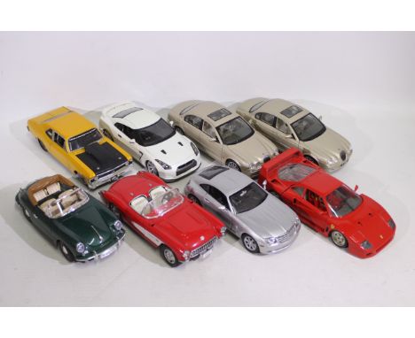 Maisto - Bburago - Motor Max - 8 x unboxed cars in 1:18 scale including Nissan GT/R, Porsche 356B, Jaguar S Type, Ferrari F40