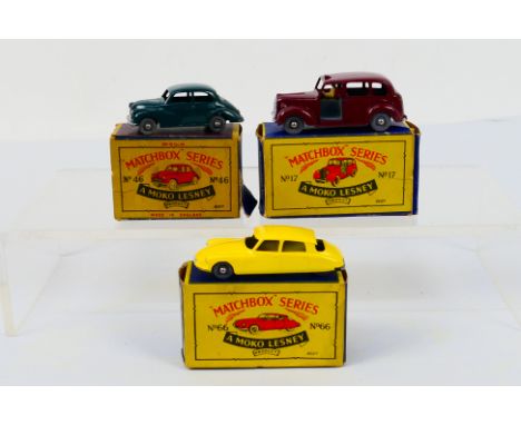 Matchbox - Moko - Lesney - Three boxed Matchbox regular wheels diecast model vehicles. Lot consists of Matchbox #17 Austin FX