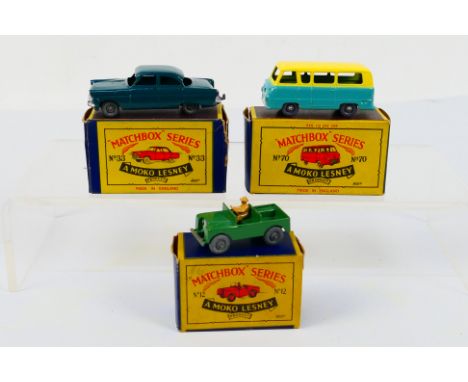 Matchbox - Moko - Lesney - Three boxed Matchbox regular wheels diecast model vehicles. Lot consists of Matchbox #12 Land Rove