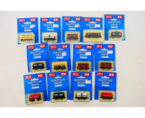 Peco - 13 boxed N gauge wagons. Lot includes Peco NR-P168 Tank Wagon 'Express Dairy'; NR-P120 Box Van 'Saxa Salt'; NR-40S 5 P