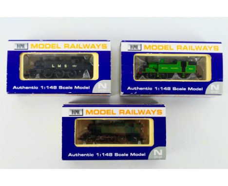 Dapol - Three boxed N gauge steam tank locomotives from Dapol. Lot consists of Dapol ND062B Class Ivatt 2-6-2 loco 1205 in LM