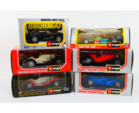 Bburago - 6 x boxed models in 1:24 scale, Mercedes Benz 300 SL, 2 x  Mercedes Benz SSK, Bugatti Type 55, Bugatti Atlantic and