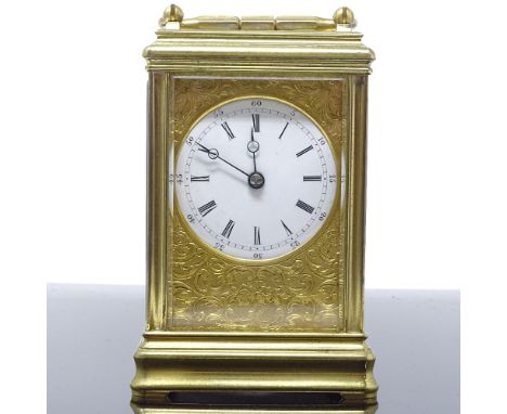 19th century French gilt-brass cased carriage clock, enamel dial in engraved gilt-metal surround, 8-day movement striking on 