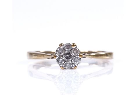 A modern 9ct gold diamond cluster flowerhead dress ring, total diamond content approx 0.5ct, setting height 5.8mm, size Q, 2g