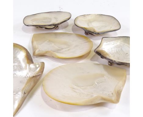 3 Chinese white metal framed mother of pearl dishes, on bun feet, together with 3 large unframed mother of pearl dishes, larg