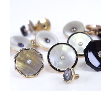 Various Art Deco 9ct and unmarked gold stone set cufflinks, dress studs and buttons, stones include sapphire, onyx, mother-of
