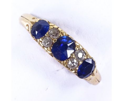 A 19th century 18ct gold 7-stone sapphire and diamond half hoop ring, hallmarks Birmingham 1892, setting height 4.9mm, size O