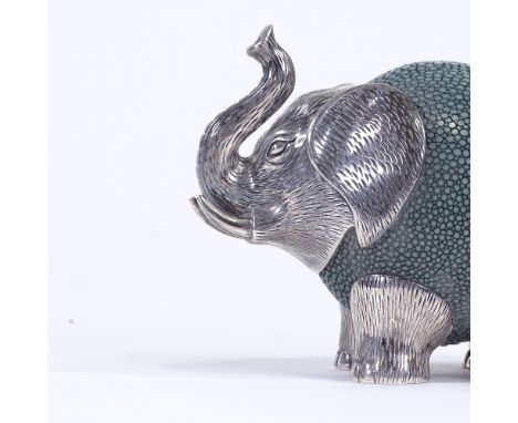 A small Lotus Arts de Vivre of Thailand, galuchat stingray leather and sterling silver elephant paperweight ornament, carved 