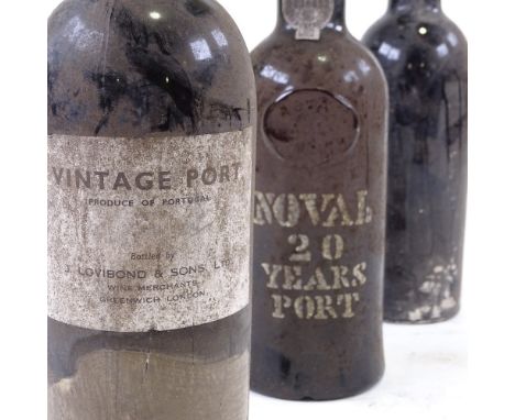 3 bottles of Port, Grahams 1955, Noval 20 years bottled 1973, and Vintage Port Imported by J Lovibond & Son typed Vintage on 