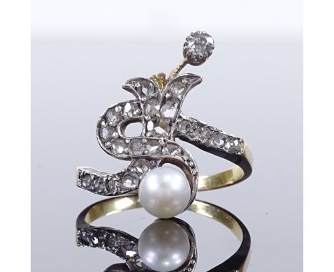 A Russian unmarked gold pearl and rose-cut diamond dress ring, setting height 19.2mm, size L, 2.9gGood overall condition, all