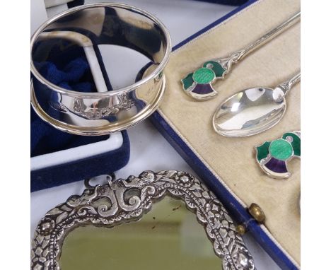 Various silver, including enamel thistle terminal coffee spoons, napkin rings, pin tray etc, 18oz weighableLot sold as seen u