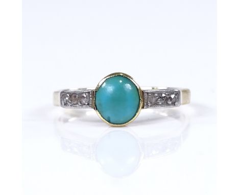 An early 20th century 18ct gold turquoise and diamond dress ring, setting height 8.4mm, size J, 1.7gVery good original condit